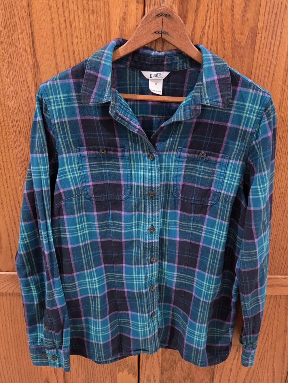 Duluth Trading Co Free Swingin’ Flannel Shirt Women’s M Teal Plaid 100% Cotton